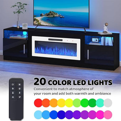 LEMBERI 80 Inch Fireplace TV Stand for TVs up to 90", 36" White Electric Fireplace Entertainment Center with 20-Color LED, 300lbs Max Capacity Modern Wood Media Console Cabinet, Black