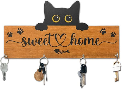 Cat Sweet Home Wooden Key Holder for Wall - 5"x10" Key Organizer Hanger with 4 Hooks for Front Door Hallway Entryway Kitchen - Home Office Decor & Housewarming Gifts Supplies - A07