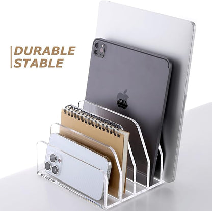 SANRUI Acrylic Desk Mail Organizer Sorters, Clear 5 Upright Compartments Laddered Desktop File Letter Holder, Multifunction Envelope Vertical Folder Racks Document Holders for Office, Home, School