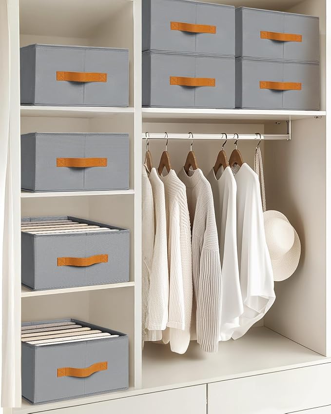 Homsorout Closet Organizers and Storage - Fabric Clothes Organizer with Handles, Foldable Jeans Organizer for Clothes, Drawer Organizer for Shirts, Bra, Sweater, Scarf, 4 Pack, Grey