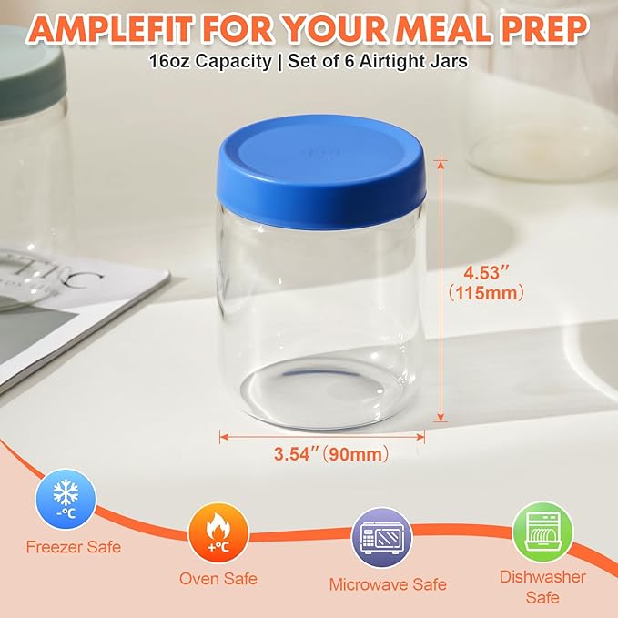 iyayayuanyuan Premium 16oz Borosilicate Glass Jars With Airtight Lids (6 Pack) - Freezer, Oven, Microwave & Dishwasher Safe - Wide Mouth Meal Prep Containers For Pantry Storage, Soups & Overnight Oats