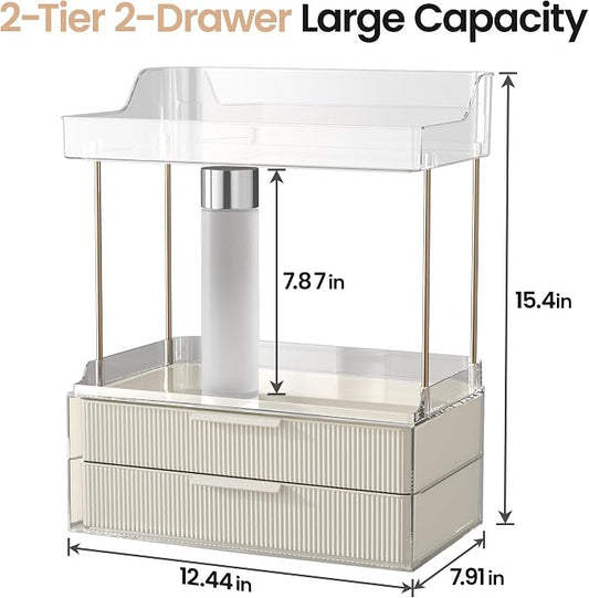 Delamu Bathroom Organizers and Storage, 2 Tier 2 Drawer Makeup Organizer Countertop, Easy to Install, Ideal for Bathroom Counter, Vanity, Ideal Gifts for Women Girls, Cream White
