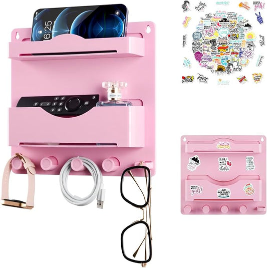 Pink Bedside Shelf Organizer - Wall Mount Phone Holder with Glasses Hook & 50 Motivational Stickers for Girls Bedroom Dorm Decor