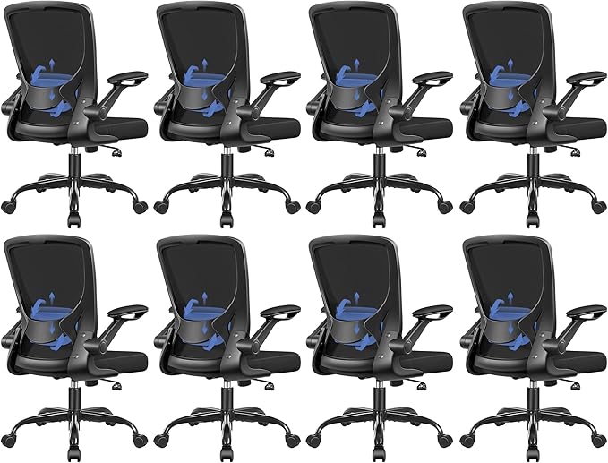 Ergonomic Office Chair, Mesh Computer Chairs with Lumbar Support, Swivel Desk Chair with Flip-up Arms and Adjustable Height, Black Pack of 8