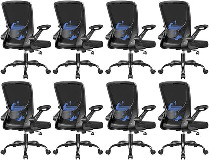 Ergonomic Office Chair, Mesh Computer Chairs with Lumbar Support, Swivel Desk Chair with Flip-up Arms and Adjustable Height, Black Pack of 8