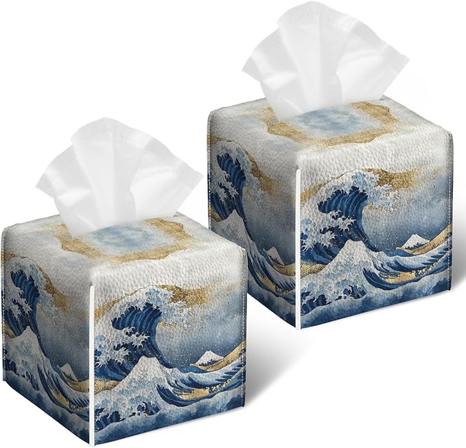 Art Great Wave Tissue Box Cover 2PCS, Leather Tissue Box Holder Square Facial Paper Case Tissue Box Cube Organizer for Bathroom Bedroom Desk Office