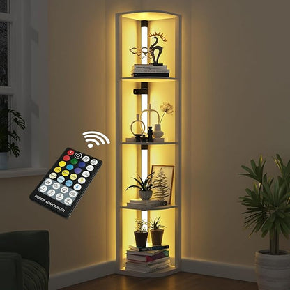 VTRIN Corner Shelf with Light, Floor Lamps with Shelves for Living Room, Small Space, Modern Home Decor Stand Sturdy 5-Tier Corner Bookshelf Cabinet Display Shelf for Collectibles, White