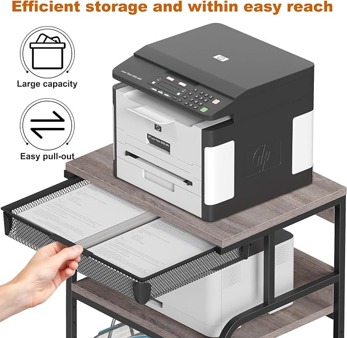 EasyCom 23.6''x18.9'' Extra Large Printer Stand with Drawer, 5-Adjustable Heights 3 Tier Table with Wheels, Rolling Printer Cart with Storage for Printer Scanner Fax Home Office Use
