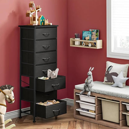 Fixwal Black Tall Skinny Dresser for Bedroom, Narrow Storage Dresser Organizer with 7 Fabric Drawers, Nightstand Furniture in Closet, Entryway, Hallway