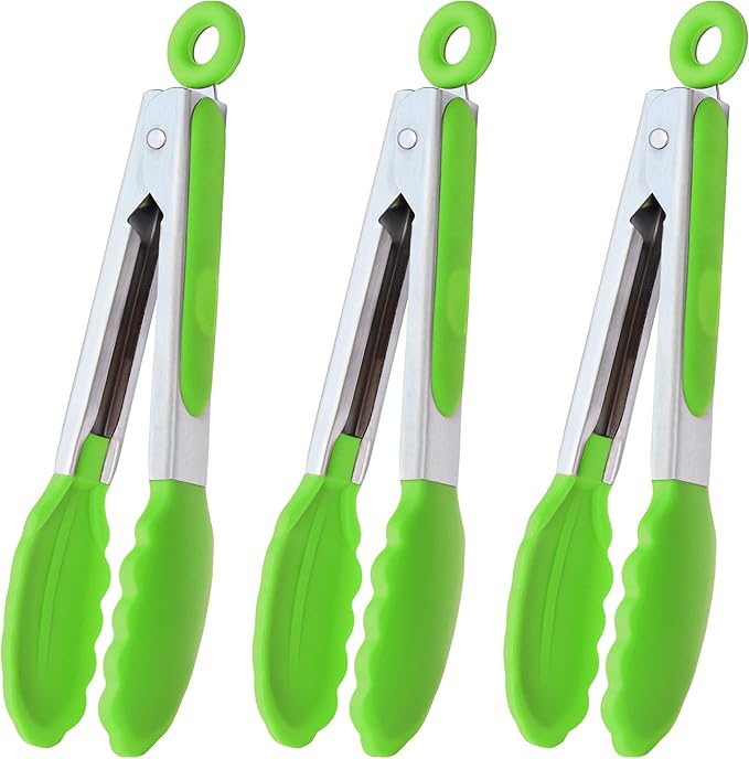 HINMAY Mini Tongs with Silicone Tips 7 Inches Silicone Cooking Tongs, Set of 3 (Green)