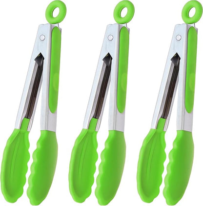 HINMAY Mini Tongs with Silicone Tips 7 Inches Silicone Cooking Tongs, Set of 3 (Green)