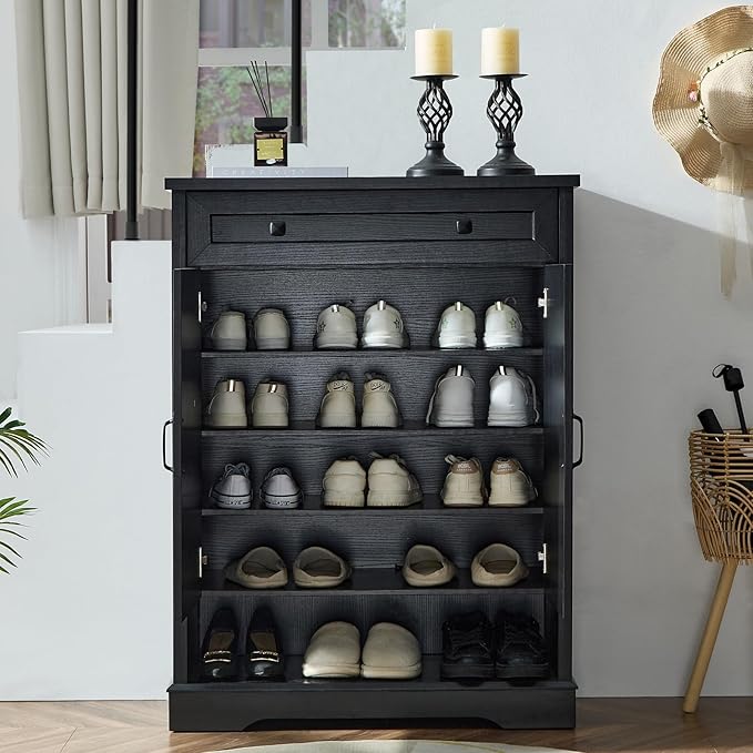 SOOWERY Shoe Cabinet with Drawer, Farmhouse Shoe Storage Cabinet with Doors, 5 Tiers Narrow Shoe Organizer for Entryway, Foyer, Hallway, Black