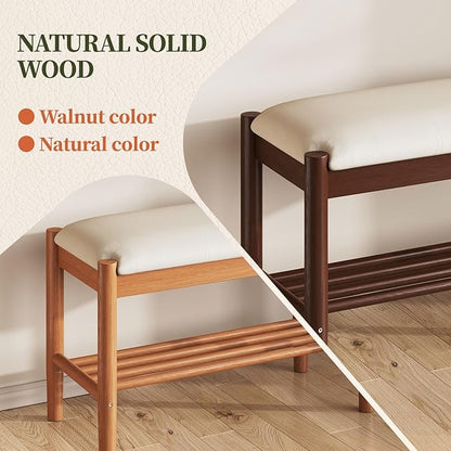 Solid Wood Shoe Bench with Cushion, 2-Tier Shoe Rack for Front Door Entrance, Enterway Benches with Shoe Storage (Walnut, 39.4in)