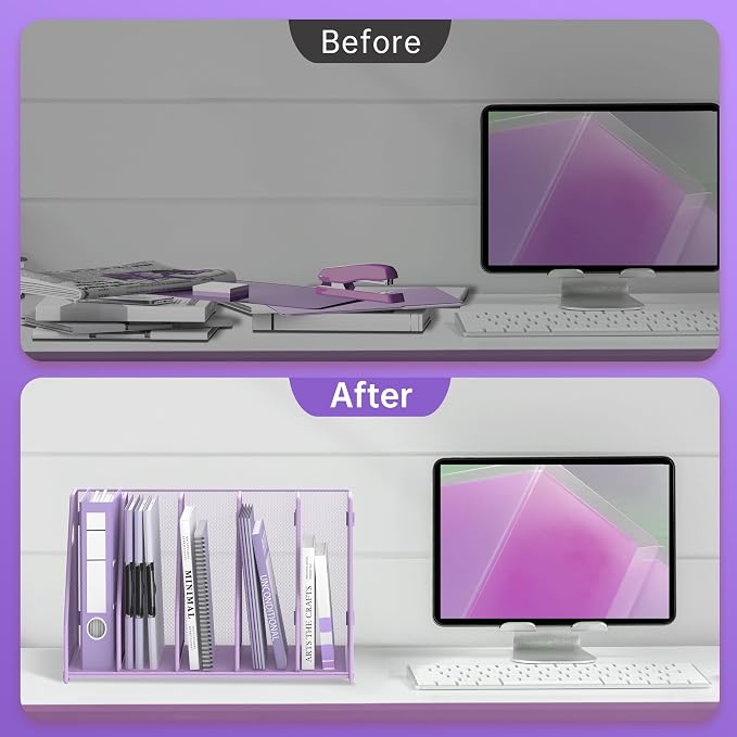 SUPEASY Binder Organizer, Magazine File Holder with 5 Vertical Compartments Rack, Metal Desk File Organizer & Binder Holders, Magazine Organizers for Office Desktop, Home, School, Classroom (Purple)