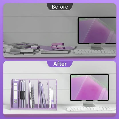 SUPEASY Binder Organizer, Magazine File Holder with 5 Vertical Compartments Rack, Metal Desk File Organizer & Binder Holders, Magazine Organizers for Office Desktop, Home, School, Classroom (Purple)