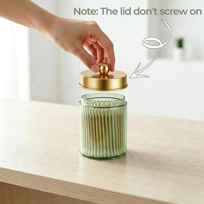 Amolliar 4 Pack Apothecary Jars Bathroom Vanity Storage Organizer Set -Countertop Canister with Stainless Steel Lids &Stickers Qtip Dispenser Holder for Cotton Swab (Green-golden Lid)