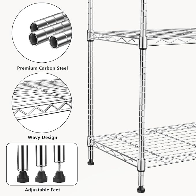 M MZG 1000 lbs 4Tier Shelf Metal Storage Shelves Wire Rack Closet Organizers with Wheel for Garage Kitchen Bathroom Laundry Chrome 13.7" D x 29.5" W x 47.2" H