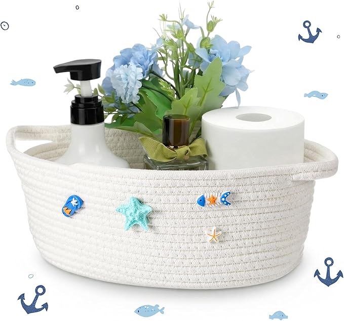 Remerry Boho Coastal Toilet Paper Storage Basket Beach Ocean Bathroom Accessories White Cotton Rope Bin with Starfish Organizer Decor for Toilet Closet Nursery Organizing 12 x 8 x 5 Inch