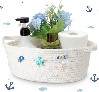 Remerry Boho Coastal Toilet Paper Storage Basket Beach Ocean Bathroom Accessories White Cotton Rope Bin with Starfish Organizer Decor for Toilet Closet Nursery Organizing 12 x 8 x 5 Inch