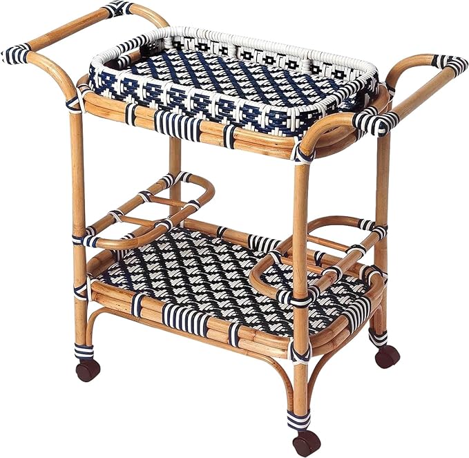 Butler Specialty Selena Rattan Bar Cart in Blue and White
