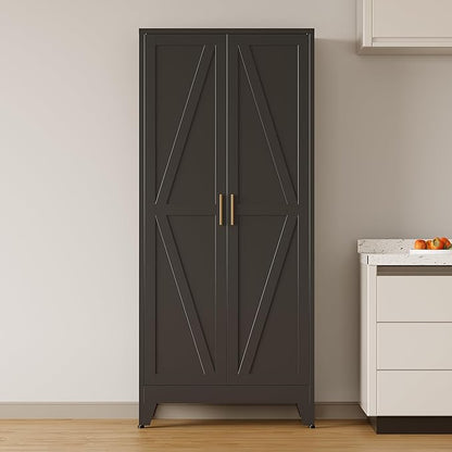 COFaR 71 in Tall Kitchen Pantry Cabinet, Metal Pantry Storage Cabinet with 4 Adjustable Shelves and 2 Barn Doors, Freestanding Farmhouse Food Cupboard for Dining Room Garage, Black 5-Tier