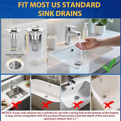 2PCS Bathroom Sink Stopper Strainer, Pop-Up Bathroom Sink Drain Strainer with Removable Stainless Steel Hair Catcher Basket, Universal Fit for US Bathroom Sinks, Bathtubs, Showers & Floor Drains