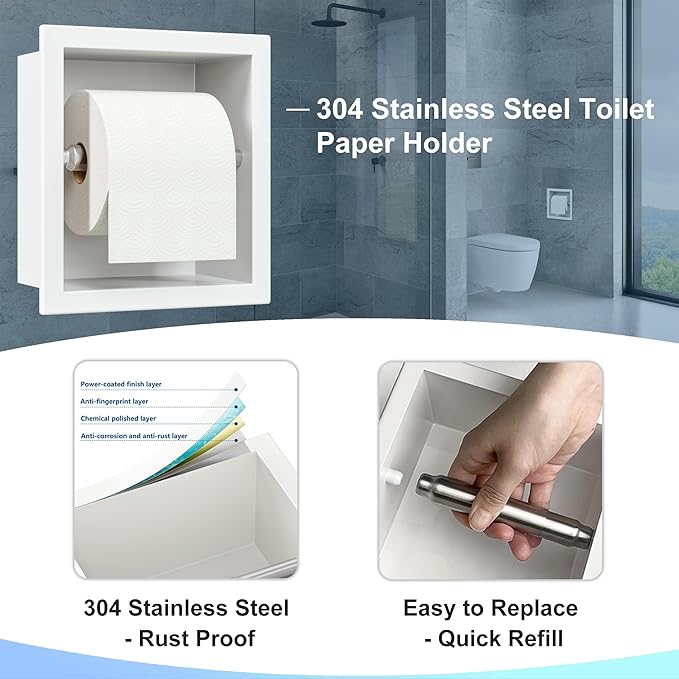 Neodrain Recessed Toilet Paper Holder - 304 Stainless Steel Built-in Wall Mount Bathroom Tissue Dispenser for Mega Rolls (White