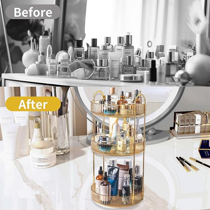 360 Rotating Makeup Organizer for Vanity,3 Tier Large Capacity Vanity Storage,Skincare Perfume Spinning Organizer,Bathroom Cosmetics Storage Makeup Stand Organizer (Gold-3 Tier)