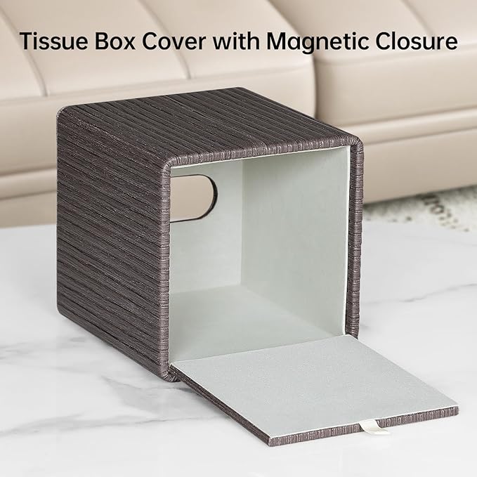 MEIBOOCH PU Leather Tissue Box Cover Square Tissue Box Holder with Magnetic Closure (Dark Brown)