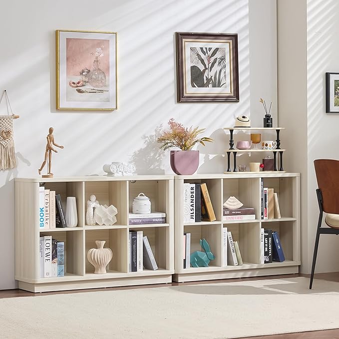6 Cube Bookcase, 40" Wide Low Horizontal Book Shelf Curved Edge, Wood Floor Standing 2-Tier Bookshelf with Base, Modern Short Storage Cabinet Book Case for Bedroom,Office, Grey-White Cream Oak