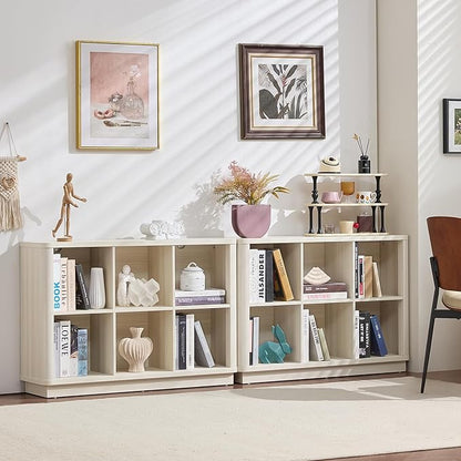 6 Cube Bookcase, 40" Wide Low Horizontal Book Shelf Curved Edge, Wood Floor Standing 2-Tier Bookshelf with Base, Modern Short Storage Cabinet Book Case for Bedroom,Office, Grey-White Cream Oak