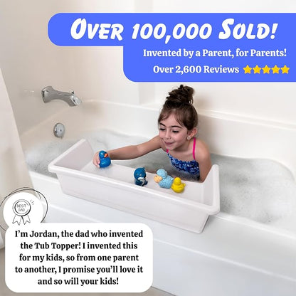 Tub Topper® Mini Bathtub Splash Guard for Kids - Compact Bath Splash Guard & Tub Play Shelf - Easy to Remove, Store & Clean - Patented Lip Design, Non-Silicone, BPA-Free, Made in USA (White)