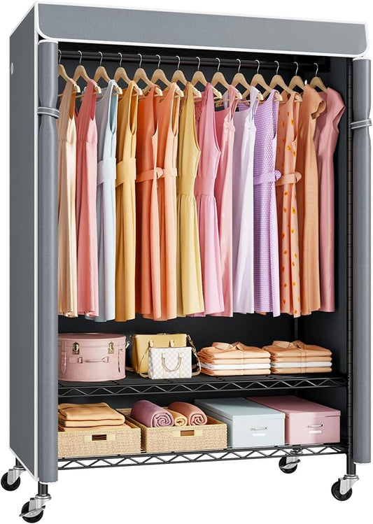 ULIFHOME P6C Plus Rolling Clothes Rack with Cover, Covered Clothing Rack Heavy Duty, Portable Closet for Hanging Clothes, Garment Rack on Wheels, Black Closet Rack with Gray Cover, Max Load 375LBS