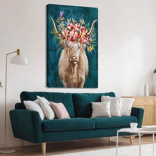 ZENPEE Highland Cow Canvas Wall Art with Pink and Blue Background, Farmhouse Wall Decor for Bedroom, Living Room, Office, Hallway, 24" x 36"