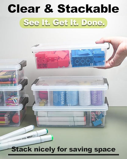 GEOPHIA 12 Pack Extra Large Pencil Box with Removable Divider, Thickened Pencil Case Bulk, Clear Crayon Marker Organizer Stackable Plastic Small Storage Containers for Pen Craft School Supplies(Grey)