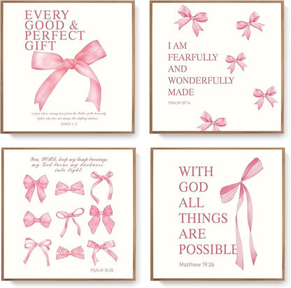 LARTSFRO Coquette Pink Bow Wall Art Decor Posters, Pink Bow Christian Room Bathroom Bedroom Dorm Wall Art Decor Aesthetic for College Teen Girls Gifts, Inspirational Bible Verses Bow Wall Decor, 8x8 Inch Set of 4 Pcs Bow Pictures (UNFRAMED)
