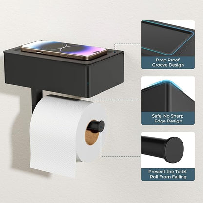 FORIOUS Toilet Paper Holder with Shelf, Sanitary Napkin Receptacle Tampon Holder, Wall Mount Toilet Paper Holder with Storage, Flushable Wipes Dispenser Fits for Bathroom Commercial(2, Matte Black)