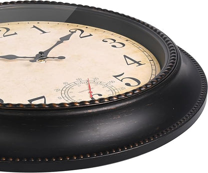 Outdoor Clock 18 Inch Large Wall Clocks with Thermometer for Living Room Patio Pool Garden-Retro Style (Bronze)