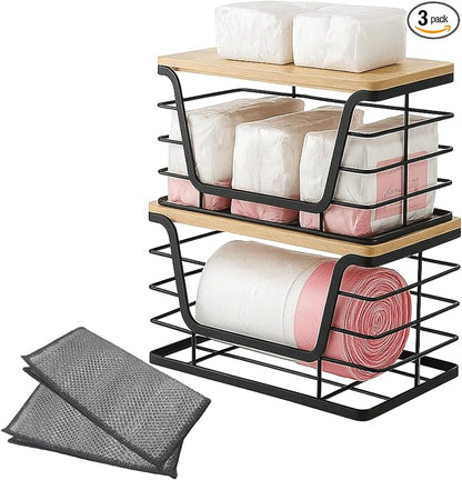 Trash Bag Holder & Wire Dishcloth, Stackable Trashbag Dispenser With Bamboo Lid, Large Trash Bag Holder and Small Garbage Bag Dispenser for Countertop Organization(4 Pcs)