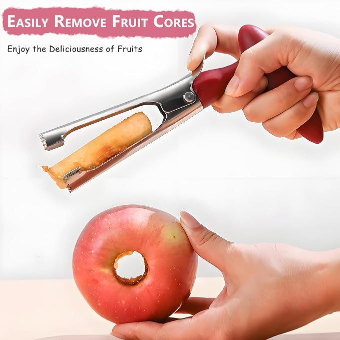 Apple Corer, Stainless Steel Fruit Core Remover with Ergonomic Grip, Sharp Serrated Blade for Apples and Pears, Dishwasher Safe Kitchen Gadget for Baking & Snack Prep (Red)
