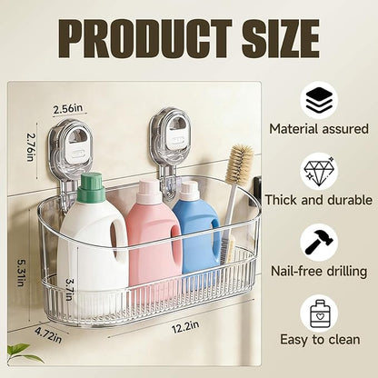 No-Drill Bathroom Suction Storage Box, Large Capacity Suction Cup Shower Shelf and Removable No Drill Storage Basket with Drain Holes, Strong Hold Wall Organizer for Bathroom Shower Kitchen Sink