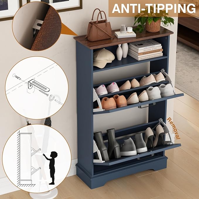 Shoe Storage Cabinet with 2 Flip Drawers, 24" W Farmhouse Modern Hidden Shoes Rack with Adjustable Shelves & Open Storage, Narrow Slim Shoe Organizer for Front Door Entrance, Entryway, Navy Blue