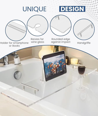 Acrylic Bathtub Tray Clear Bathtub Caddy Bath Tray Table for Tub Luxury Spa with Book and Wine Glass Holder Bathroom Accessories for Bathroom Decoration, Transparent 39.3inch