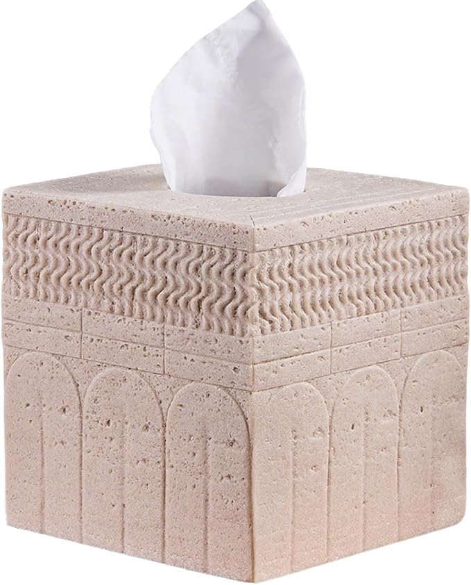 Beige Tissue Box Cover – Modern Resin Cube Holder for Bathroom, Bedroom, Office – Decorative Square Tissue Box for Countertop, Nightstand, Vanity & Desk – Heavy&Sturdy
