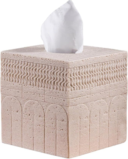 Beige Tissue Box Cover – Modern Resin Cube Holder for Bathroom, Bedroom, Office – Decorative Square Tissue Box for Countertop, Nightstand, Vanity & Desk – Heavy&Sturdy