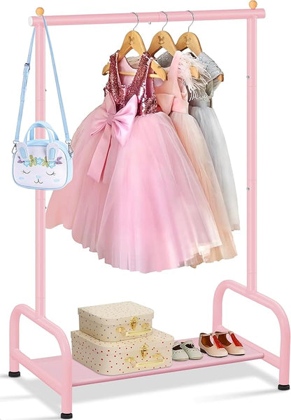 SLEEPING LAMB Kids Clothing Rack, Small Baby Clothes Rack with Bottom Storage Shelf, Kids Dress Up Rack Storage for Coats, Dance Costume Garment Rack for Hanging Clothes, Pink