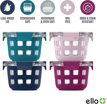 Ello Duraglass 4-Pack 2 Cup Reusable Glass Container Jar with Leak Proof Lids and Protective Silicone Sleeves | Perfect for Overnight Oats, Yogurt | BPA-Free | Dishwasher Safe | Evening Orchard