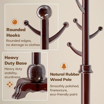 Hall Tree, Freestanding Wood Tree Rack with 7 Hooks, Coat Rack with Stable Sphere Base, Wooden Coat Rack Stand, Load 210 lb, Coat Hanger Stand for Entryway, Hallway, Bedroom (Black-Red)