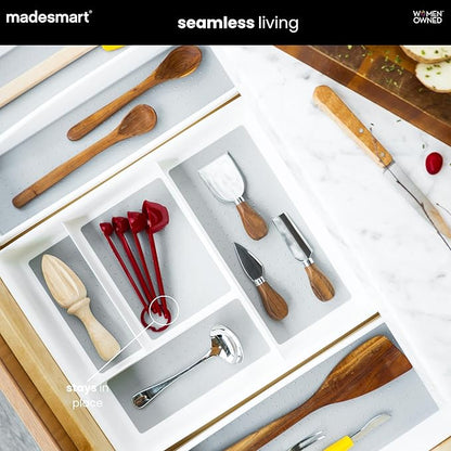 madesmart 4 Compartment Drawer Organizer, Multi Purpose Storage for Utensils, Office Tools, Cords, & Small Household Items, Tech Accessories, Arts & Crafts Supplies, Non Slip Lining, White