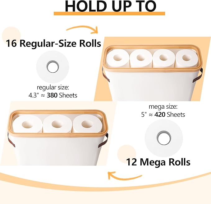 Extra Large Toilet Paper Storage Basket with Lid, 32.4L Toilet Paper Holder for Bathroom, Modern Neutral Style Holds 12–16 Rolls Waterproof & Sturdy with Leather Handles, Beige